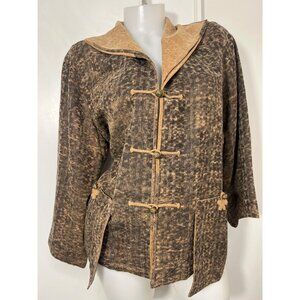 Earthen Silk Brown & Tan Mud Silk Top Mandarin Silk Button Down Blazer size L